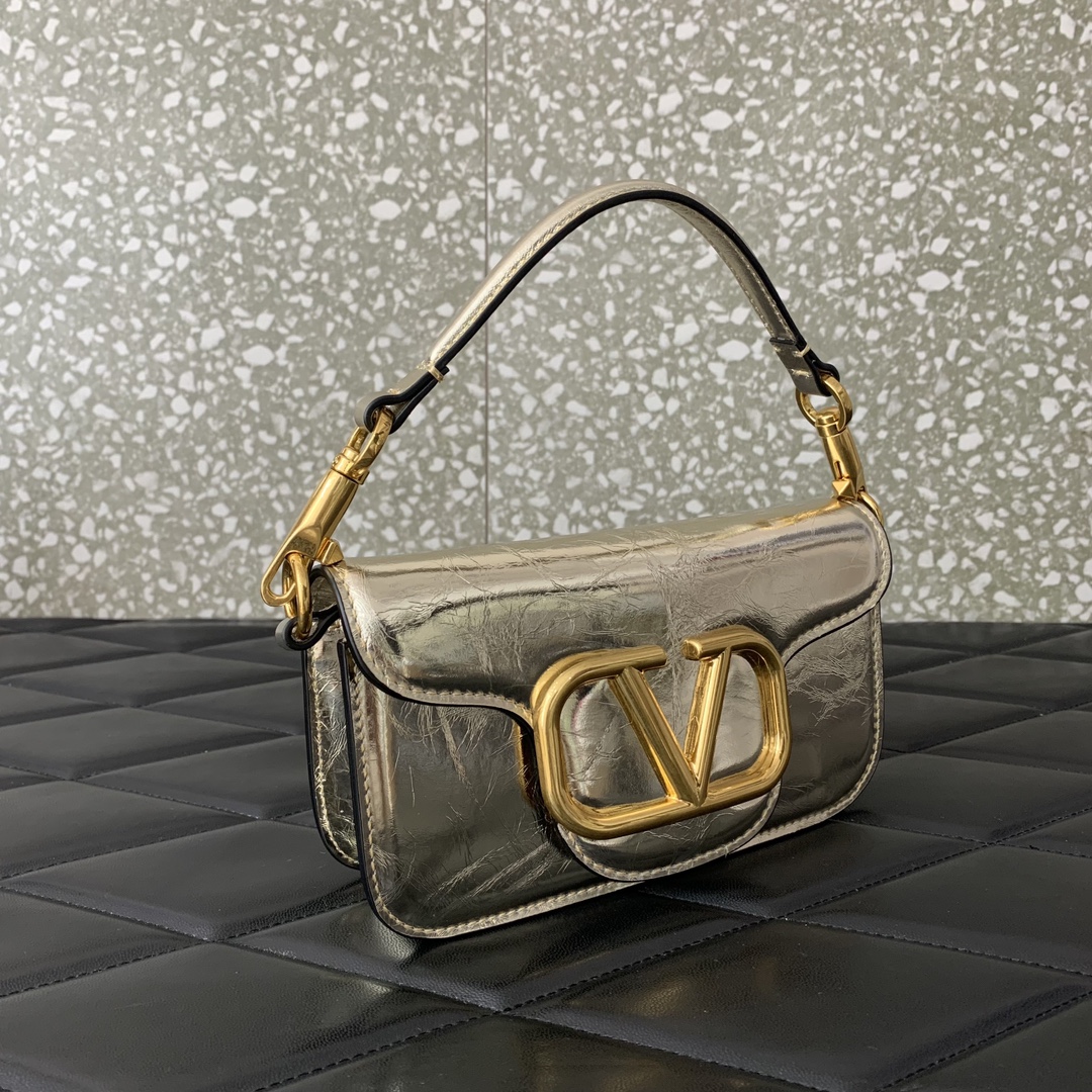 Valentino Garavani Loco Small Shoulder Bag in Gold Calfskin Leather 